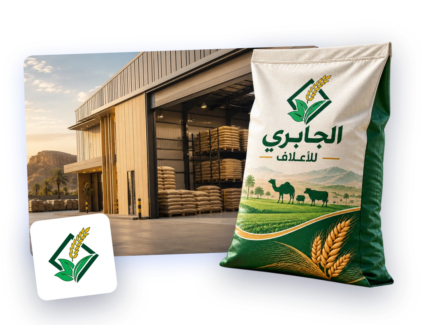 من موقع الجابري للأعلاف: كيس المنتج بهوية الشركة أمام صورة مستودعها، وشعار الشركة.